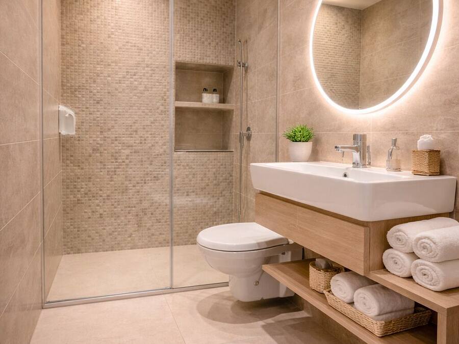 Hydromassage showerhead, designer toiletries, hair dryer, bathrobes