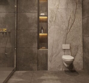 Regadera con hidromasaje y amenidades de baño de diseñador 