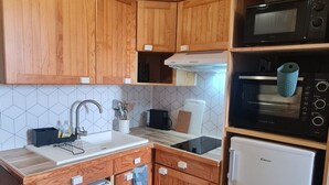 A compact kitchen with wooden cabinets, a sink, a microwave, and a refrigerator. - Studio Cozy in Pyrénées 2000 (Bolquère)