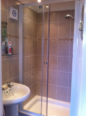 Shower, hair dryer, towels, toilet paper