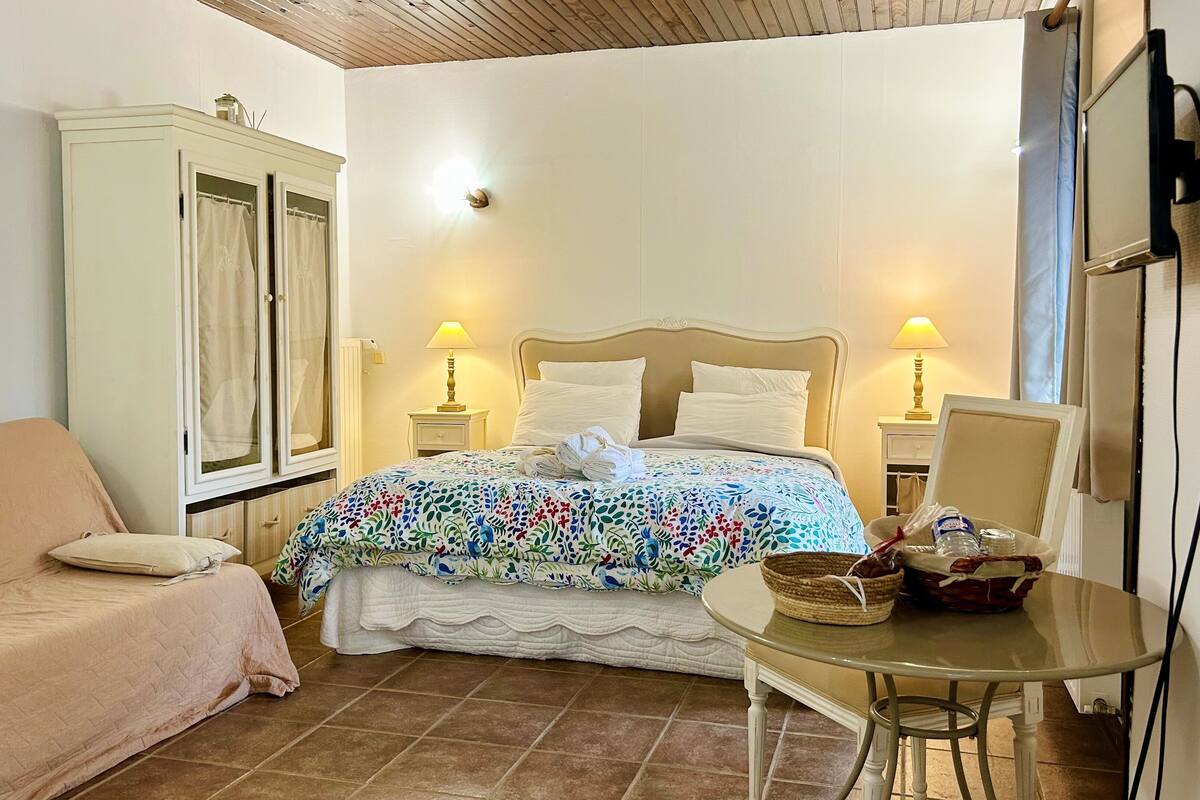 Une chambre bien rangée, avec un lit, un canapé, une petite table et un meuble.