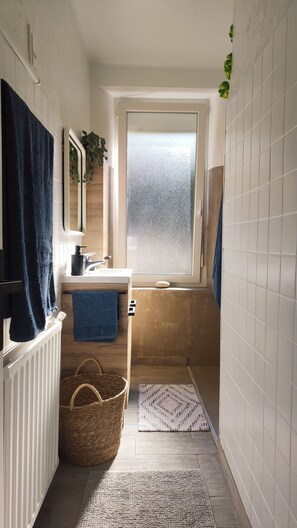 Shower, hair dryer, towels, soap