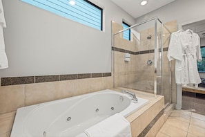 Hair dryer, towels, soap, shampoo