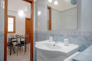 Shower, hair dryer, bidet, towels