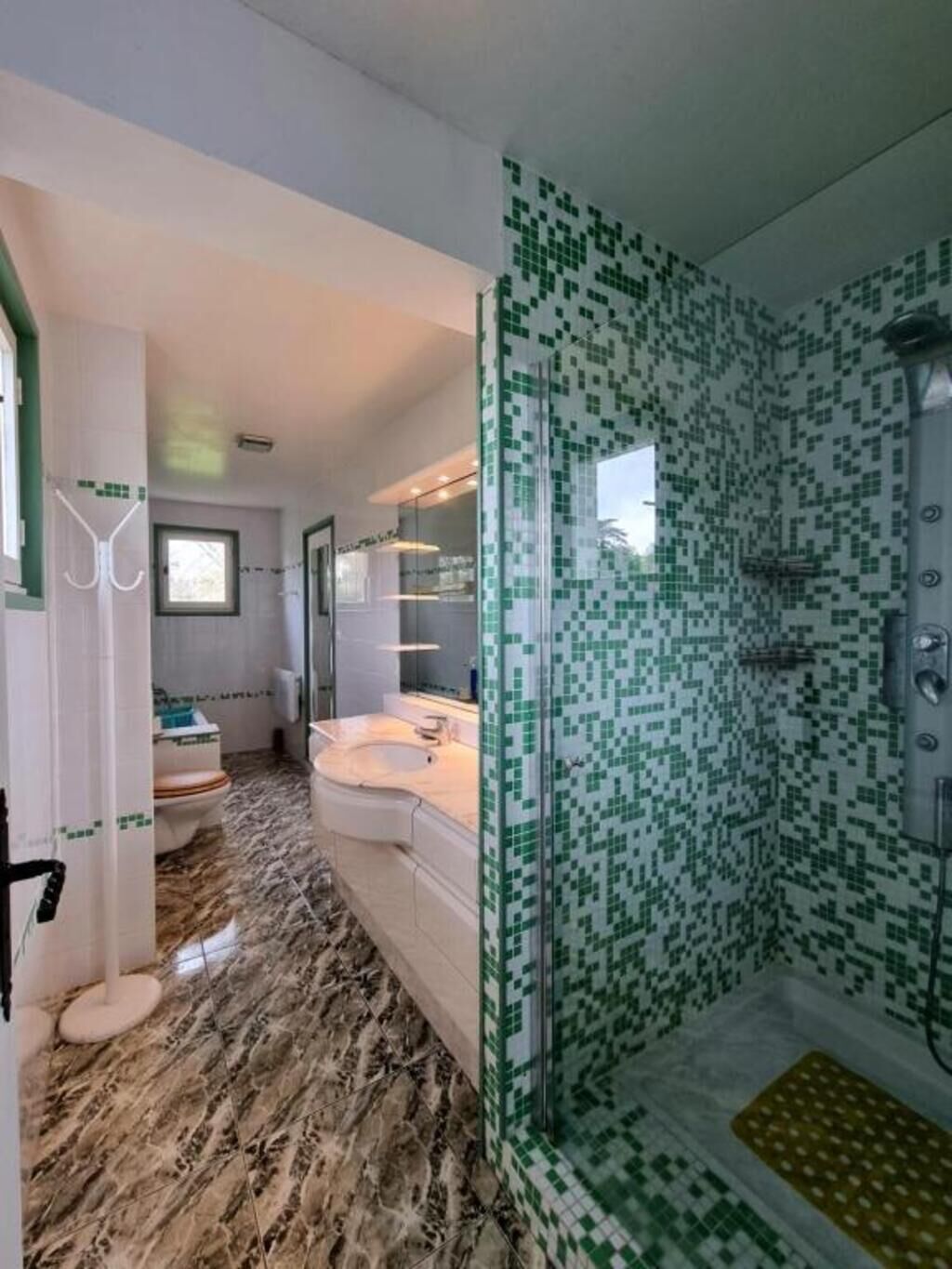 Shower, jetted tub, hair dryer, toilet paper