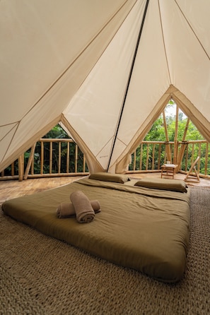 Premium bedding, memory-foam beds, desk, laptop workspace - Nysa Forest Sanctuary (Penebel)