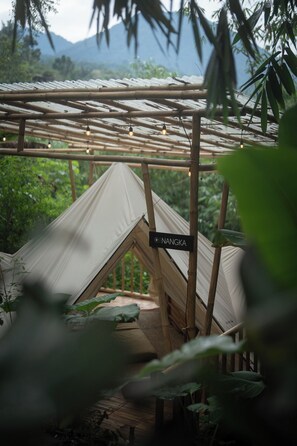 A bamboo structure with a tent labeled "INANGKA" and hanging lights. - Nysa Forest Sanctuary (Penebel)