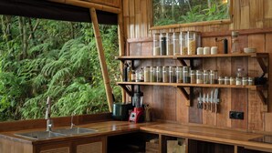 Une cuisine avec des étagères en bois, un mixeur et une fenêtre donnant sur une forêt.