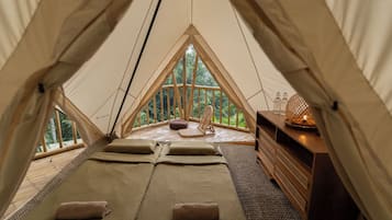 Premium bedding, memory-foam beds, desk, laptop workspace