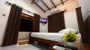 Une chambre d’hôtel avec un lit, une télévision, une télécommande et une plante en pot.