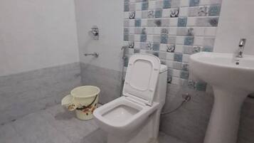 Shower, towels, soap, toilet paper