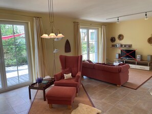 TV, caminetto, lettore DVD, libri