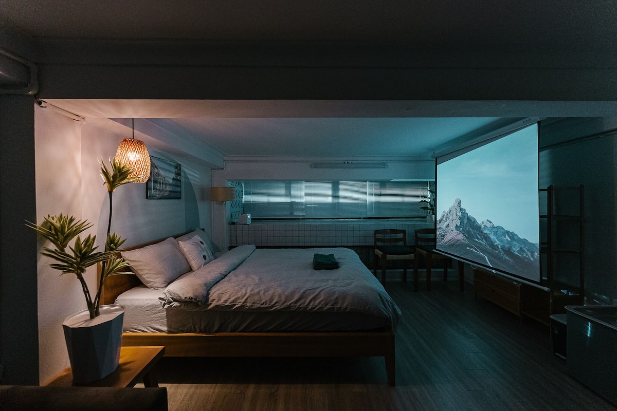 A modern bedroom with a bed, a TV, and a potted plant.