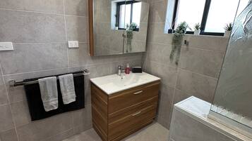 Shower, hair dryer, towels, soap
