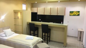 A compact hotel room with a kitchenette, two single beds, a small sitting area, and a bathroom. - Charming 4-bedroom house with WiFi and AC in lovely Mostar (Mostar)