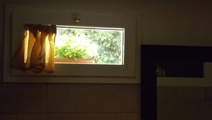 Ein Fenster mit Blick auf grüne Landschaft.