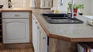 A kitchen with a granite countertop, a double sink, a kettle, a toaster, and a potted plant.