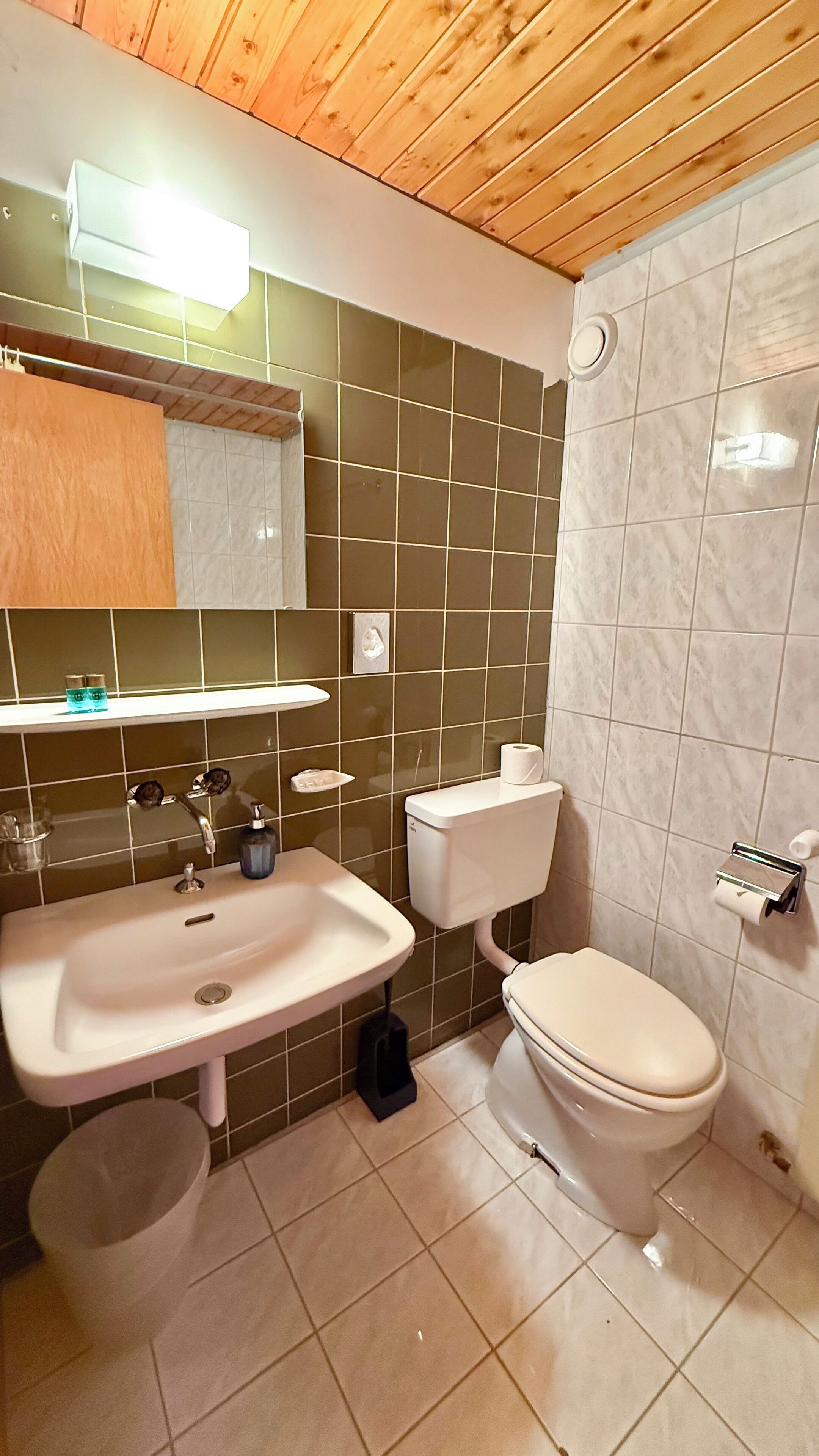 A bathroom with a wooden ceiling, a sink, a toilet, and a mirror.