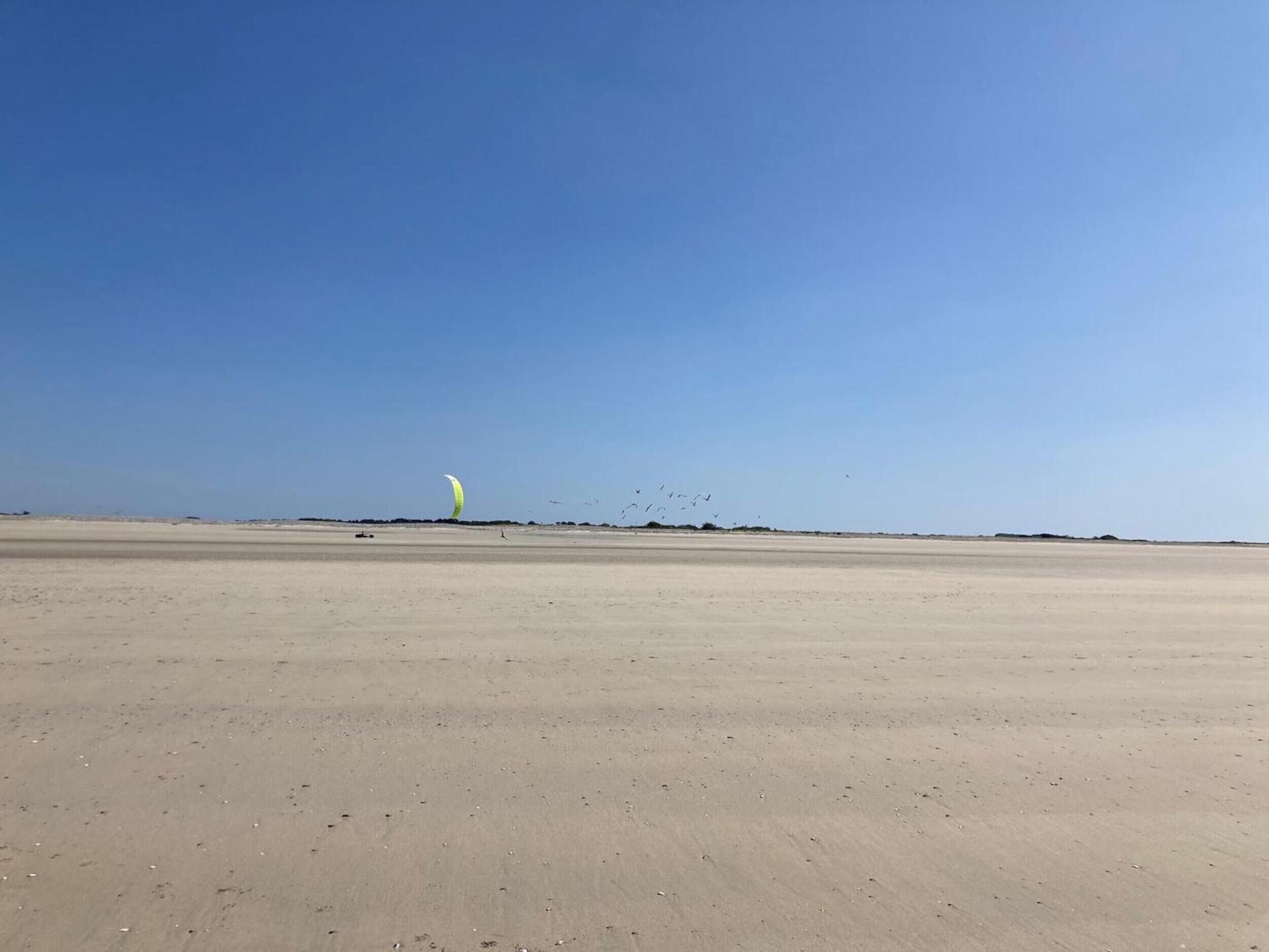 A wide, open sandy beach with a single person parasailing in the distance.