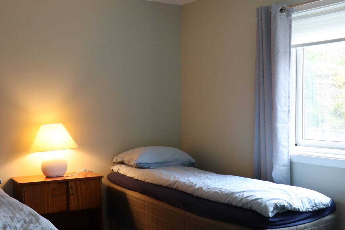 A small, single-bed room with a bedside table, a lamp, and a window with curtains.