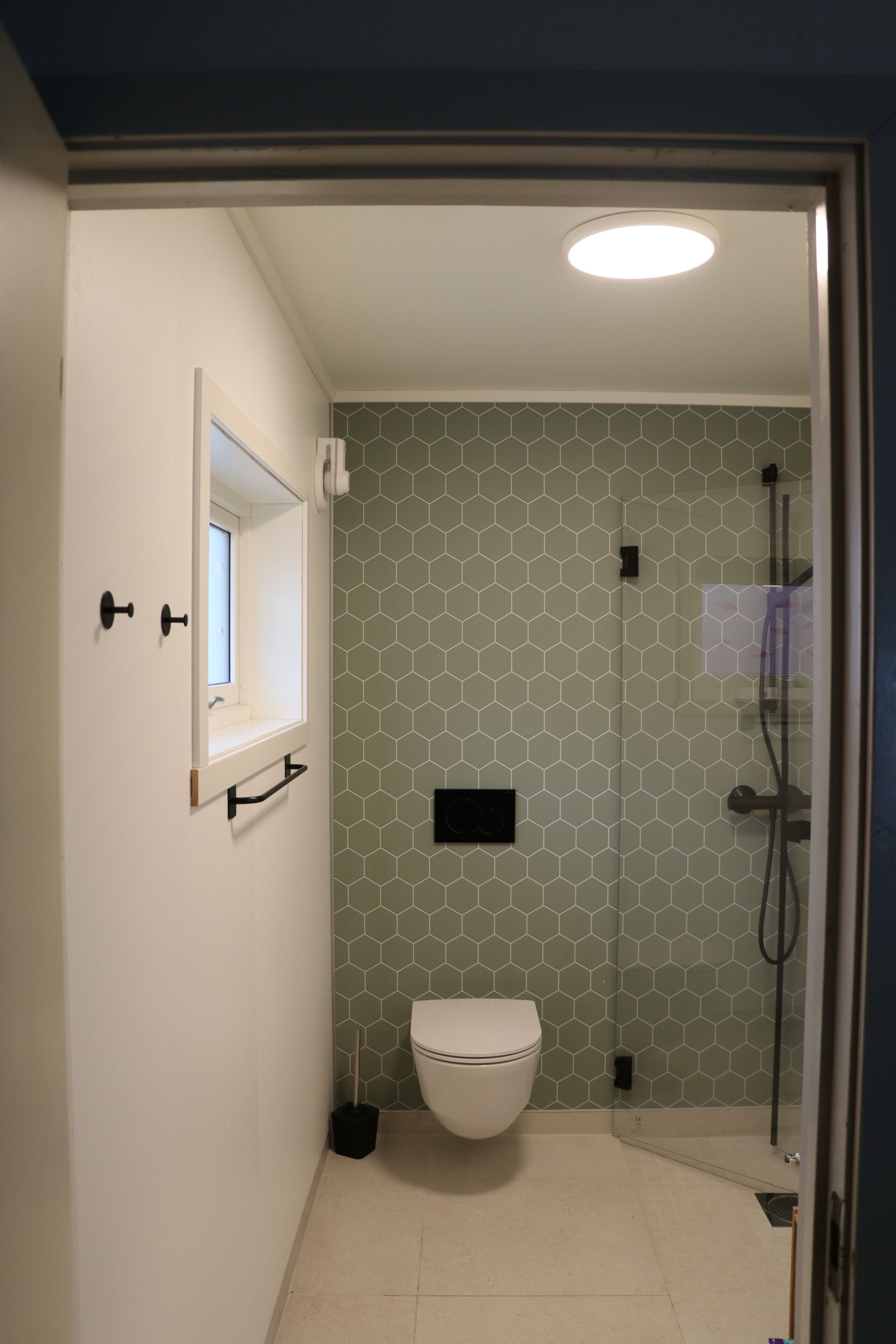 A bathroom with a toilet, a shower, and a small window.