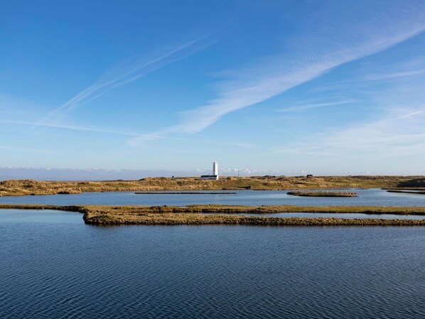 Un paysage côtier avec un phare et des eaux calmes.