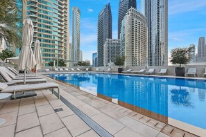 A rooftop pool with lounge chairs and umbrellas, surrounded by high-rise buildings.