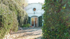 A stone pathway leading to a building with a rounded dome and a circular window.