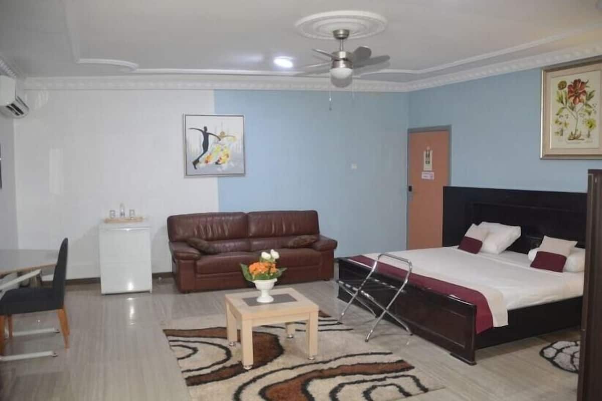 Un cuarto de hotel con una cama, un sofá de cuero marrón, un escritorio pequeño blanco, un ventilador de techo y un cuadro en la pared.