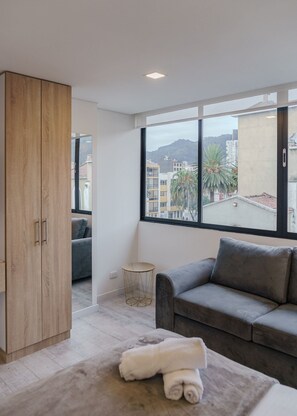 Een moderne kamer met een grijze bank, een houten garderobe en uitzicht op gebouwen en palmbomen door grote ramen.