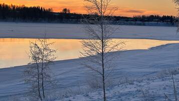 Un paysage hivernal avec un lac gelé, des arbres sans feuilles et un ciel dégagé.