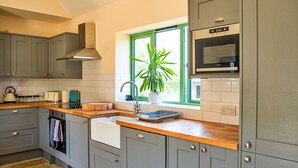 A modern kitchen with grey cabinets, a wooden countertop, a built-in microwave, and a window with a plant.