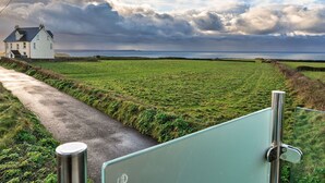 A coastal road with a house on the left, a grassy field, and a cloudy sky. - Stunning  villa for 2 guests with WIFI and terrace (Tintagel)