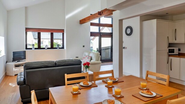 Un espacio habitable moderno con comedor, sofá y cocina.