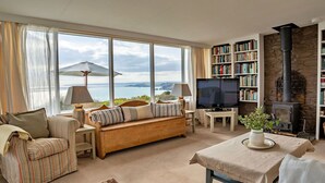 A cozy living room with a sofa, a television, a bookshelf, and a fireplace. - Stunning  villa for 4 guests with WIFI and terrace (Germoe)