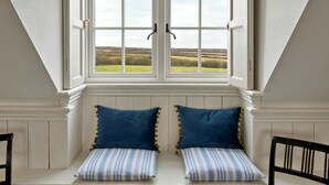 A room with a large window, two blue pillows, and a striped pillow on a bench.