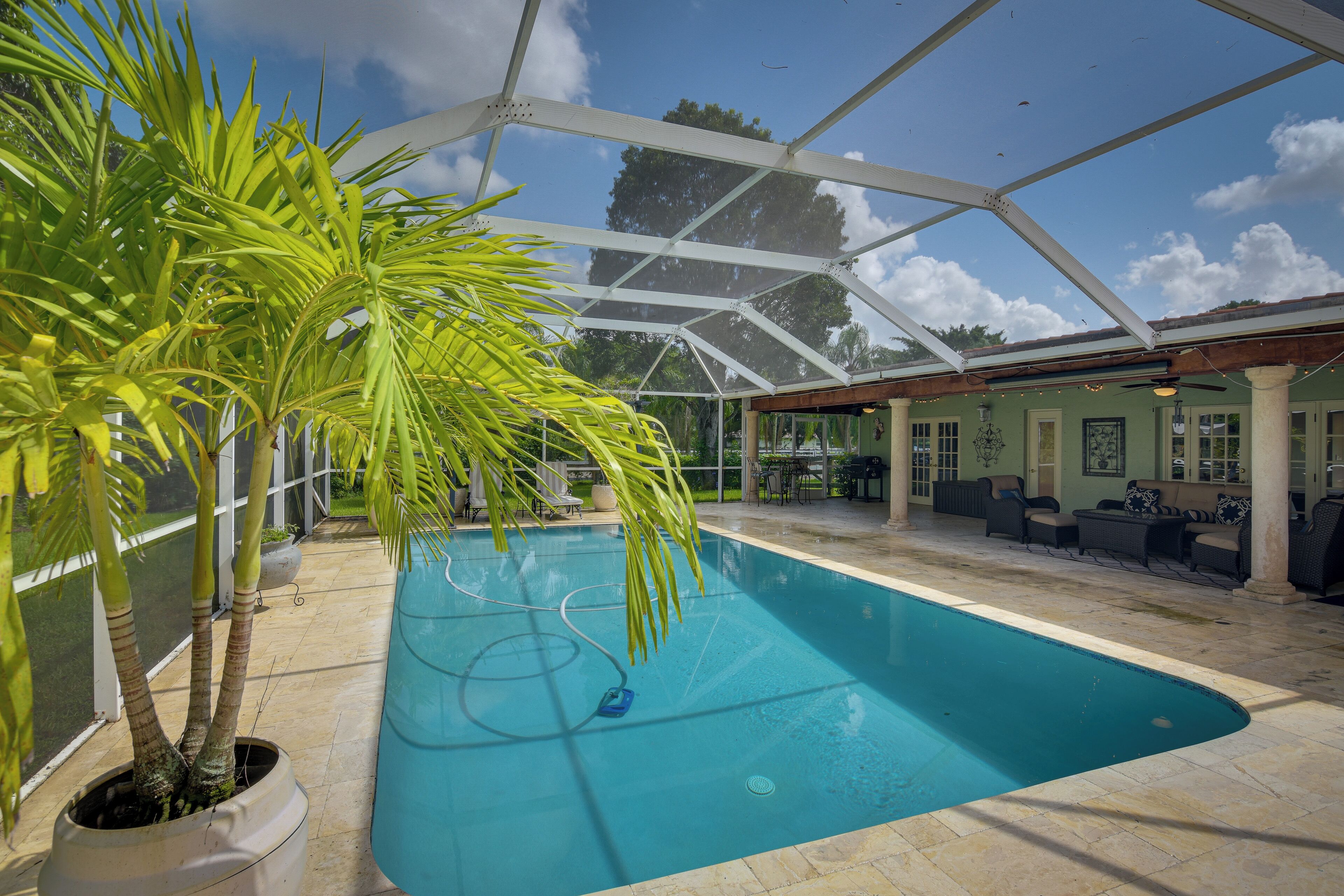 An indoor swimming pool with a glass ceiling, surrounded by lounge furniture and a potted palm tree.