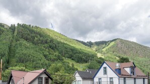 Un barrio residencial con casas en una ladera, rodeado de un bosque denso.