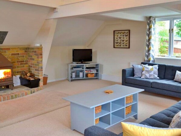 Una sala de estar acogedora con chimenea, televisión y un sofá cómodo.