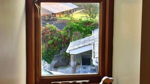 A window with a view of a garden and a house.