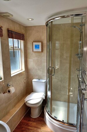 Ein Badezimmer mit Duschkabine, Toilette und Bidet.
