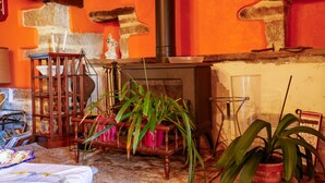A room with a fireplace, potted plants, and a wooden cabinet. - Bed and Breakfast 'Breizh' with Private Terrace, Shared Garden and Wi-Fi (CAST)