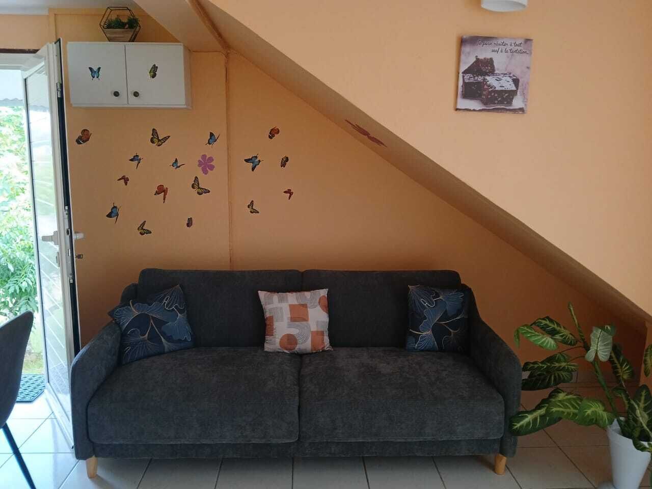 Un salón acogedor con un sofá gris oscuro, dos cojines estampados, una pared decorada con adhesivos de mariposas, un mueble pequeño y un cuadro enmarcado.