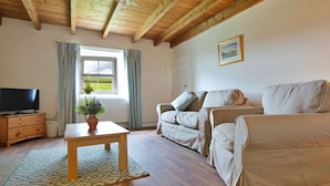 Een gezellige woonkamer met een houten plafond, een zithoek, een televisie en een raam met gordijnen.