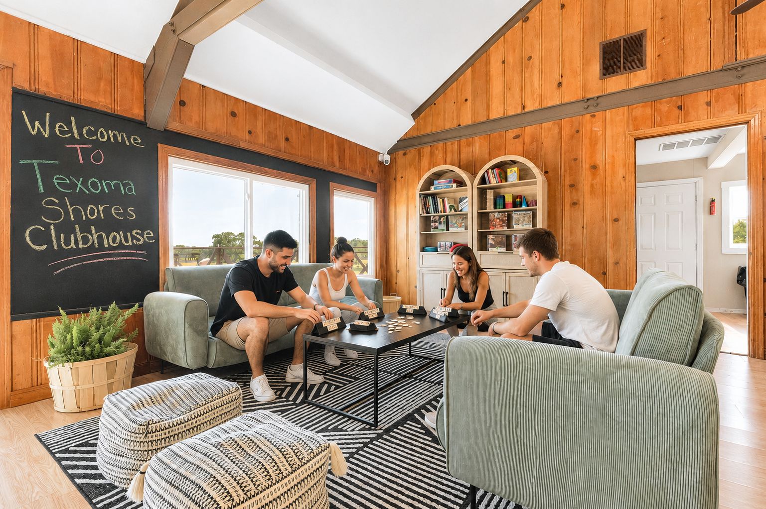 Een gezellige kamer met een schoolbord, houten wanden, een bank, een salontafel en een boekenplank.
