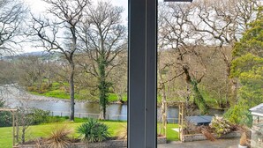 A view through a window of a property with a river, trees, and a grassy area.