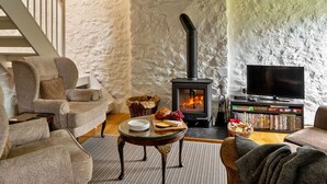Una sala de estar acogedora con una pared de piedra, una chimenea, asientos cómodos y una estantería con juegos.