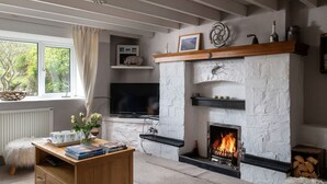 A cozy living room with a fireplace, a television, and a bookshelf. - Stunning  villa for 8 guests with WIFI, TV and balcony (Aberdaron)