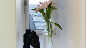 A window with a view of the sea, a vase with pink flowers, and two black binoculars on a white shelf. - Stunning  villa for 4 people with WIFI, TV and pets allowed (Fraserburgh)
