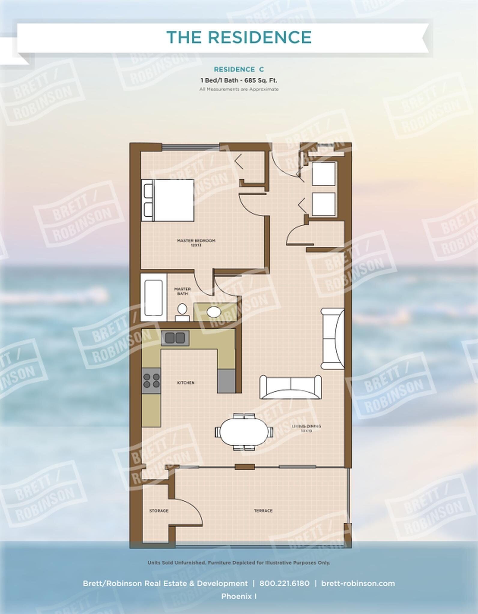 Plano de planta de una residencia con 1 dormitorio, 1 baño y 685 pies cuadrados. La distribución incluye un dormitorio principal, baño principal, cocina, sala de estar y comedor, además de una terraza.